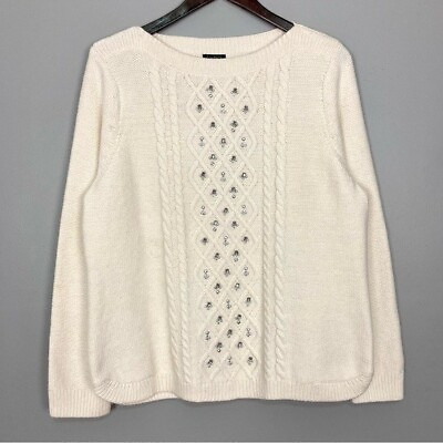 #ad Talbots Wool Blend Rhinestone Sweater Women’s Size XL Petite Cable Knit Ivory