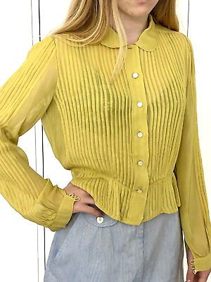 #ad Vintage 40s Yellow Rayon Crepe Chiffon Blouse Semi Sheer 34 Top