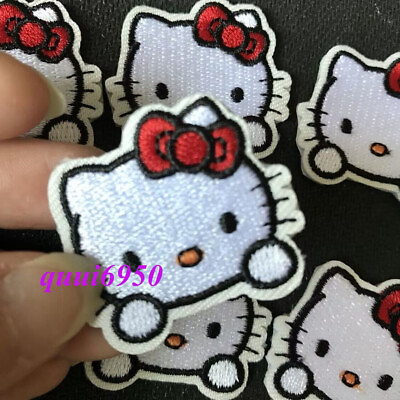 #ad 10pcs Cute Red Bow Hello Kitty Embroidery Patch Self adhesive Applique Sewing