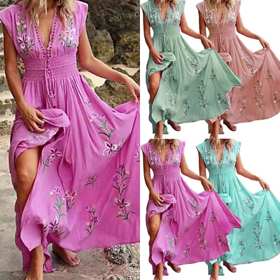 #ad New Women Summer Boho Long Maxi Beach Dress Ladies Evening Party Floral Sundress