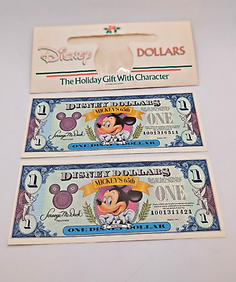 #ad MINT 65th 1993 Walt Disney Money 2 $1 Mickey Mouse with original envelope