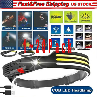#ad COB LED Headlamp USB Rechargeable Headlight Bar Head Band Torch Work Light 6000K