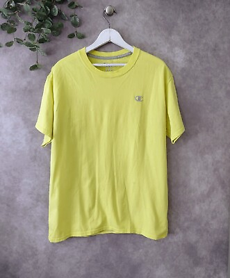 #ad Champion Authentic Shirt Mens Large Yellow Short Sleeve Crew Neck Tee Logo Front
