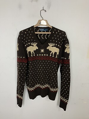 #ad Polo Ralph Lauren Mens Sweater L Brown Ski Nordic Moose Camping Outdoor Reindeer