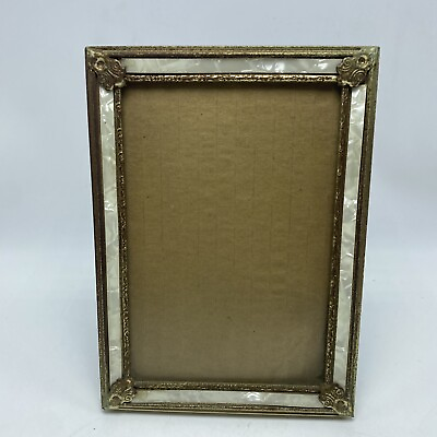 #ad Gold Metal Photo Frame 5quot; X 7quot; Ornate Easel Vintage Paper Pearl Accents