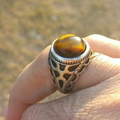 #ad Natural Tiger#x27;s Eye brown Sterling silver men Tribal Men Sufi Ring All Sizes