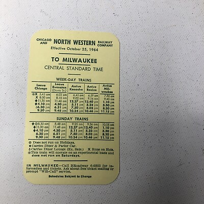 #ad Chicago amp; North Western Railway 1964 Small Card Timetable Chicago Milwaukee #3