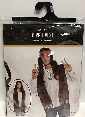 #ad Hippie Vest Groovy 60#x27;s Brown Fringe Fancy Adult Costume FREE SHIPPING
