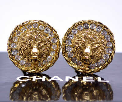 #ad CHANEL 1982 Leo the Lion Crystal Clip On Earrings Gold Tone Auth w Box #2218