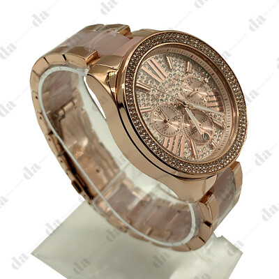 #ad Michael Kors MK6096 Wren Rose Gold Chronograph Women#x27;s Glitz Stainless Watch