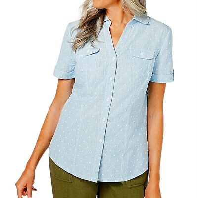#ad Karen Scott Shirt Blue Chambray Swiss Dot Short Sleeve Button Up NWT Womens 2X