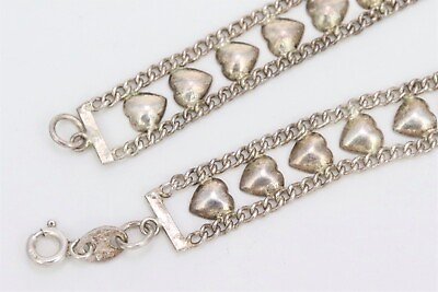 #ad 7.5quot; Vintage 925 FAS Sterling Silver Multiple Heart Chain Bracelet .375quot; wide