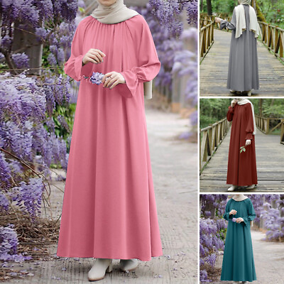#ad ZANZEA Womens Muslim Abaya Long Sleeve Evening Plain Kaftan Gown Maxi Dress PLUS
