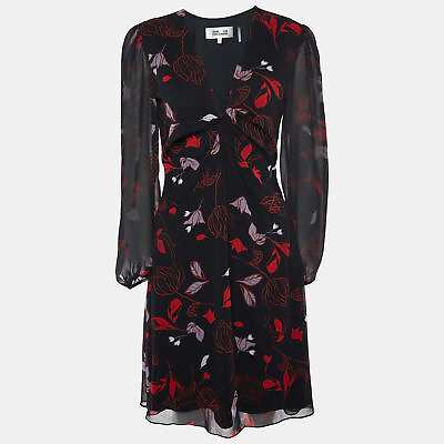 #ad Diane Von Furstenberg Black Floral Print Chiffon Mini Dress S