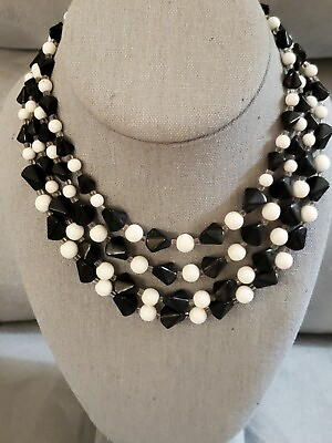 #ad Vintage 4 Strand Black amp; White Glass Collar Statement Necklace Wow