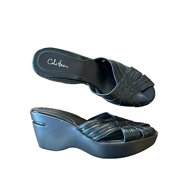 #ad Cole Haan NikeAir Black Wedges Peep Toe Sandals Size 8 Women#x27;s Open Heels