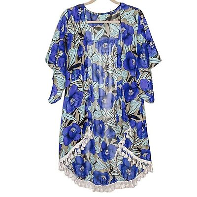 #ad Judith March Tassel Floral Kimono Size Large Open Front Breezy Boho Feminine