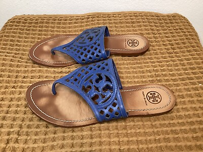#ad Tory Burch THATCHED PERFORATED Womens Sz 7 M Logo FLIP FLOP LEATHER Sandals Blue $49.80