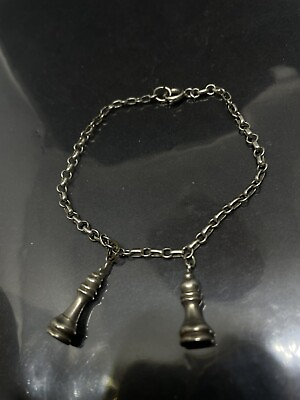 #ad Vintage silver tone chain bracelet 2 Chess king queen charms 7”