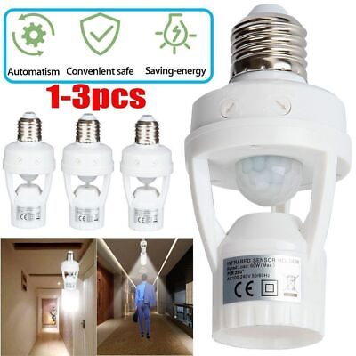#ad 1 3Pcs Motion Sensor Socket Dimmable Light Lamp Bulb Adapter Holder For E27 Base