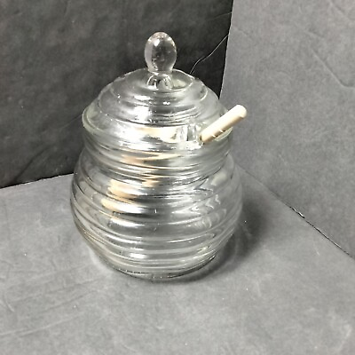 #ad Clear Glass Honey Pot With Wooden Dipper And Glass Lid Beehive Shape