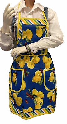 #ad Unworn Retro Full APRON Blue Yellow Pockets Apron Lemons Cherries Cotton Blend