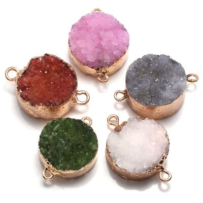 #ad 5Pcs Natural Stone Connectors Round Druzy Geode Agate Pendant Charms for Jewe...