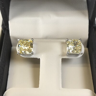#ad 4Ct Studs Diamond Earrings Cushion Fancy Canary Yellow Man Made 14k Solid Gold