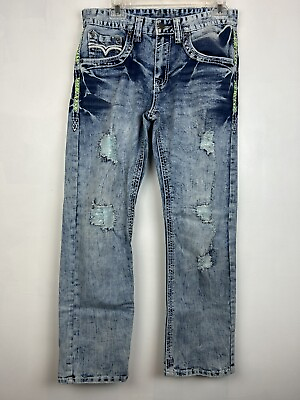 #ad Black Premium Jeans Men 30X30 30x28.5 Blue Denim Acid Wash Distressed Relaxed