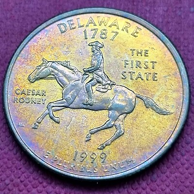 #ad 1999 STATE Quarter 25c Delaware AWESOME RAINBOW TONING #55934
