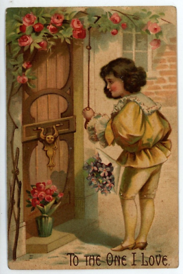 #ad 1909 Valentine#x27;s Day Elizabethan Boy Embossed Roses Love Letter Antique Postcard
