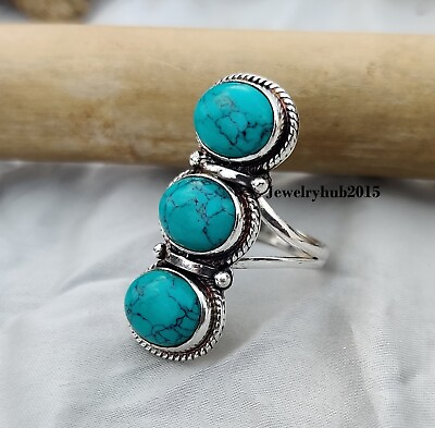 #ad Turquoise Ring Three Oval Gemstone Solid 925 Sterling Silver All Size MO**