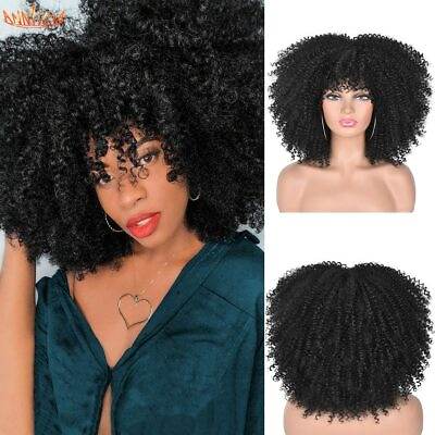 #ad Short Kinky Curly Wig With Bangs Synthetic Glueless Cosplay Wig High Temperature