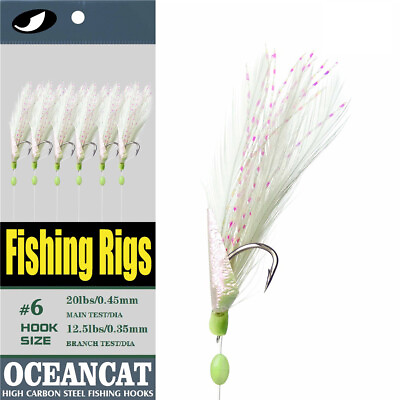 #ad 6 Hooks set Sabikis White Feather Fish Skin String Hook Fishing Lure Rigs Tackle
