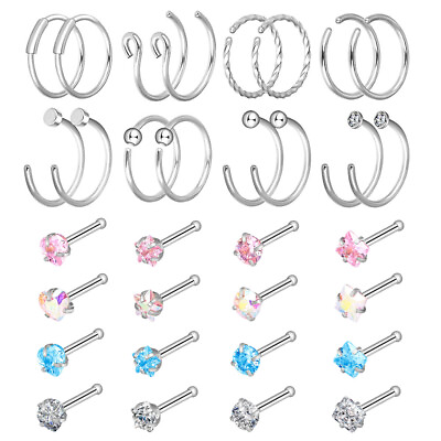 #ad 32Pcs CZ Gem Nose Rings Hoops Bone Studs Earrings Set Body Piercing Jewelry 20G