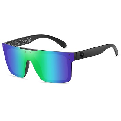 #ad Polarized Large Rimless Shield Sunglasses Black Frame Green Blue Mirror Lens NIB