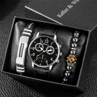 #ad Men#x27;s Quartz Wristwatches Black Leather Strap Watch and Bracelet Set Gifts Box