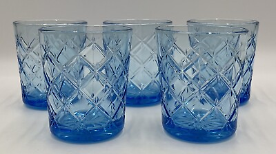 #ad Vintage Set of 5 Ikea Flimra Aqua Blue 4” Lowball Drinking Glasses 9oz Grid Star