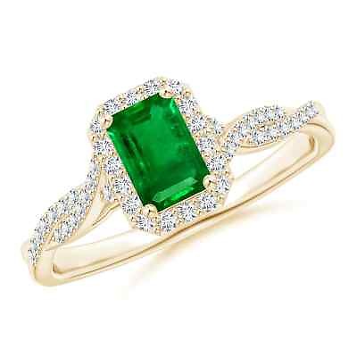 #ad ANGARA Emerald Cut Emerald Halo Twisted Shank Ring for Women in 14K Solid Gold