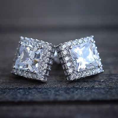 #ad White Gold Plated Cushion Cut Sterling Silver Square Stud Earrings