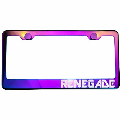 #ad Polish Neo Neon Chrome License Plate Frame RENEGADE Laser Etched Metal Screw Cap
