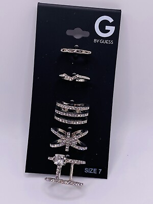 #ad G by Guess Rhinestone Silvertone Rings Size 7 New Set of 5 $4.99