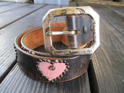 #ad Dirty Velvet authentic brown distressed leather studded heart jean belt 34 36 38