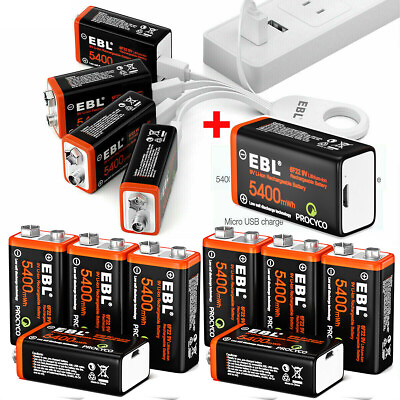 #ad EBL USB 9V Rechargeable Batteries 9Volt 6F22 Li ion Battery Charging Cable Lot
