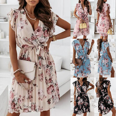 #ad ⭐⭐⭐⭐⭐Women V Neck Floral Boho Mini Dress Ladies Summer Beach Holiday Sundress