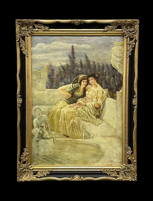 #ad SALE 19th CENTURY ITALIAN PORTRAIT OIL PAINTING YOUNG LADIES ON A BALCONY $300.00