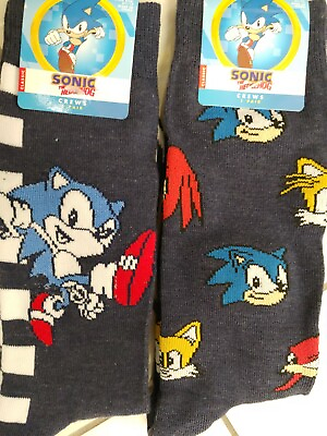 #ad Sonic the Hedgehog Crew Sock Mens Size 10 13 Sega Tails Knuckles Ring 2pk New
