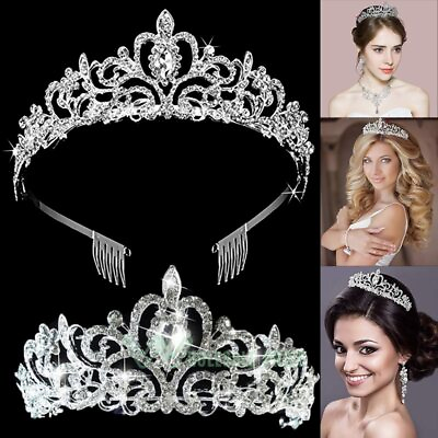 #ad Bridal Princess Austrian Crystal Tiara Wedding Crown Veil Hair Accessory Silver