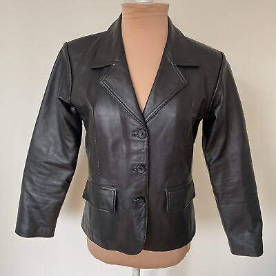 #ad World of Leather WL Black Genuine Leather 3 Button Blazer Jacket EUC Size XS
