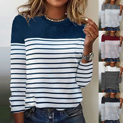 #ad Women Tee Long Sleeve T Shirt Ladies Fashion Work Crew Neck Tops Striped Comfy